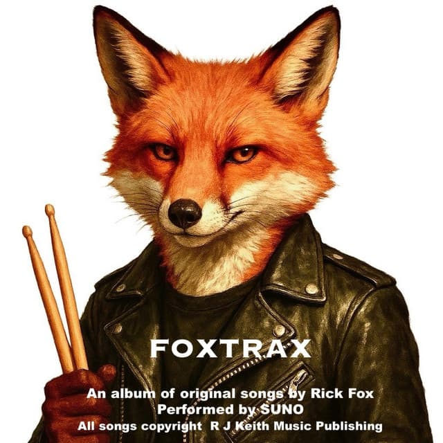 FOXTRAX album cover — a fox in a leather jacket holding drumsticks